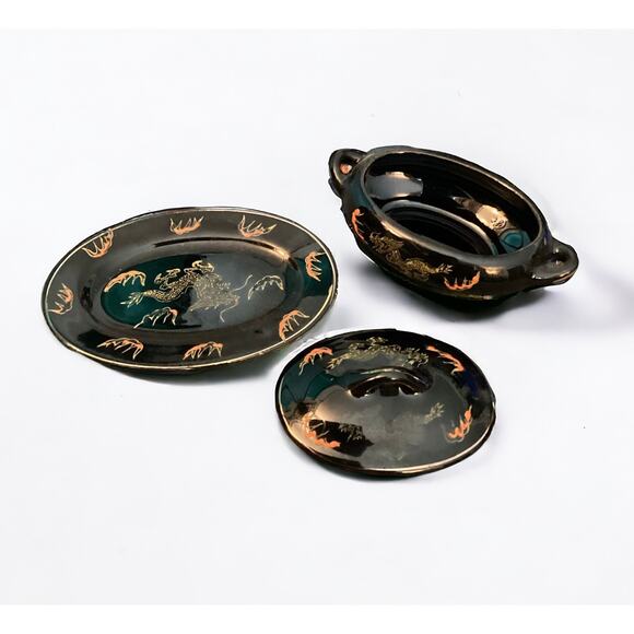 Vintage Acme Japan Pottery Small Condiment Jar with Lid and Under Plate, Dragon - Picture 5 of 8